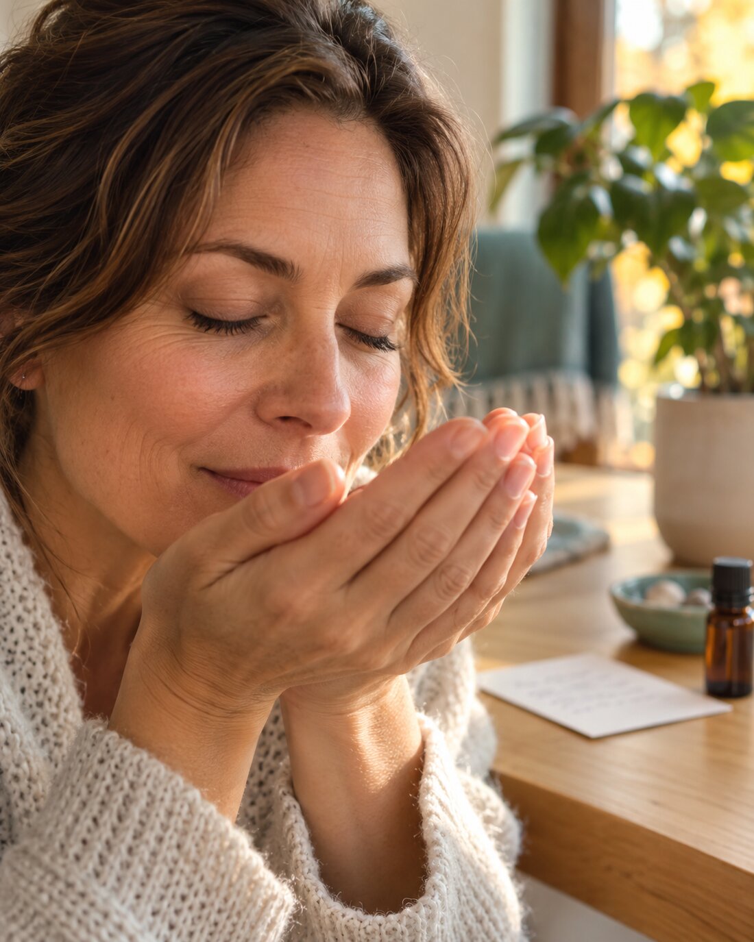 Someone with closed eyes breathing in a scent from their palms