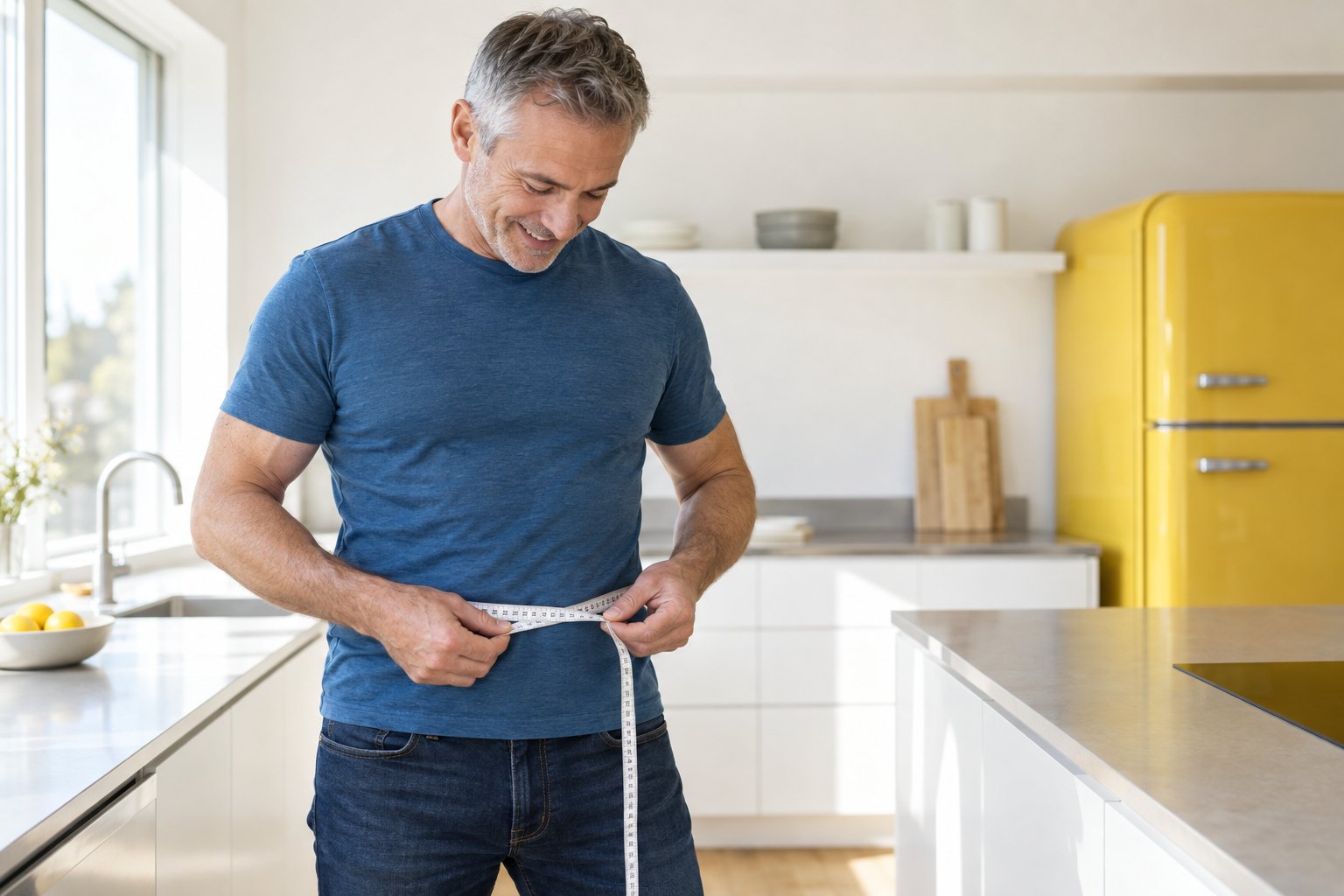Man measuring his waist with a tape measure