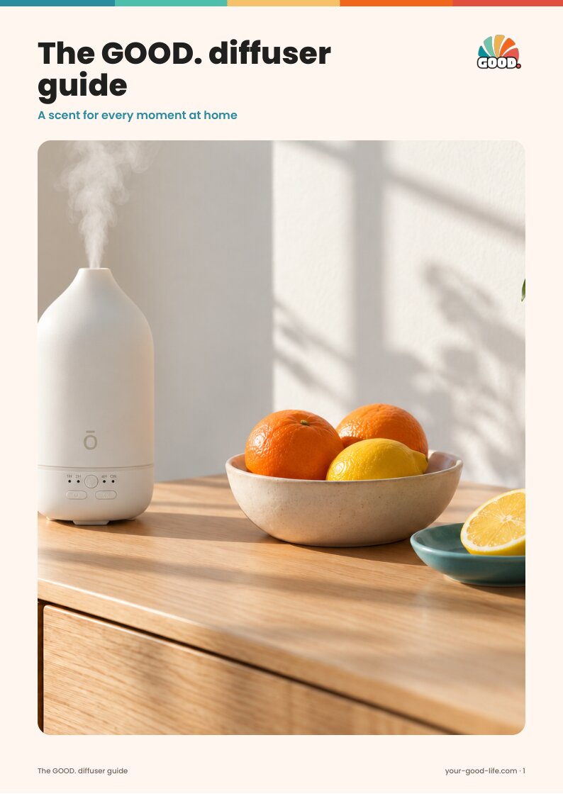 The cover of the GOOD. diffuser guide: a white diffuser on a tidy sideboard with oranges and lemon