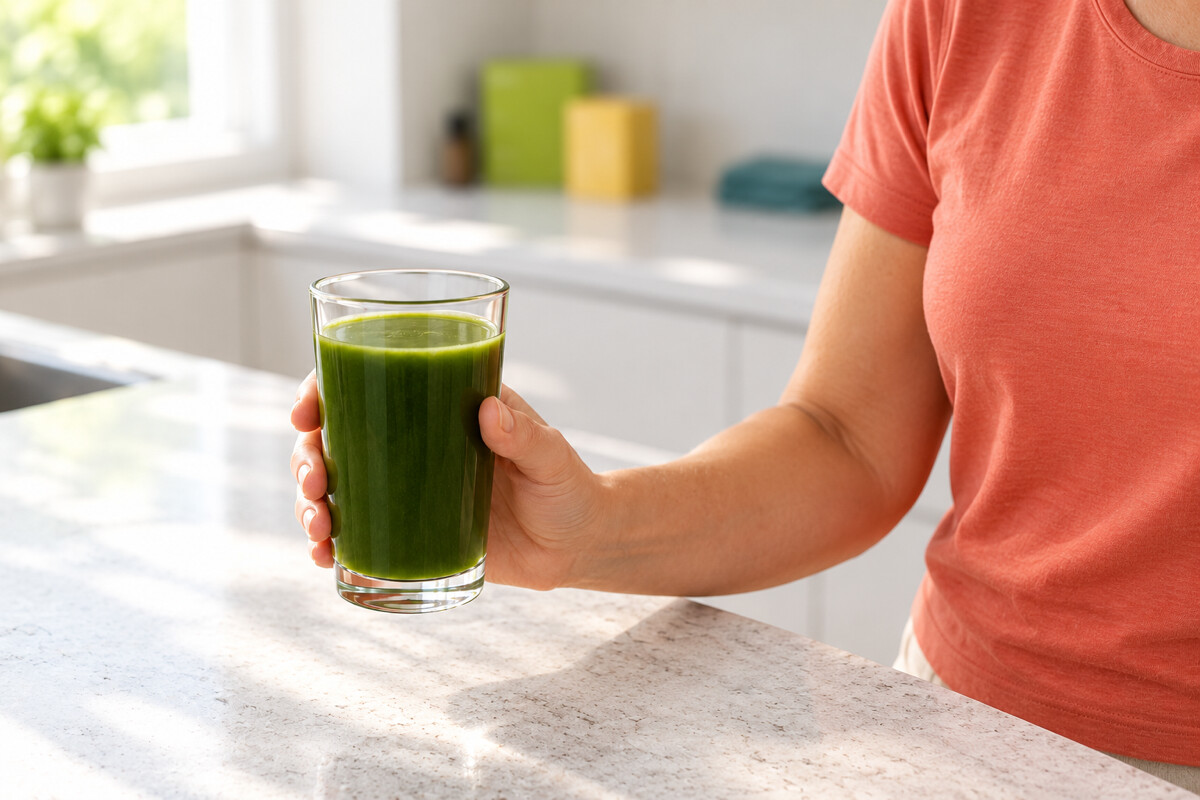A glass of green morning shake on the kitchen counter