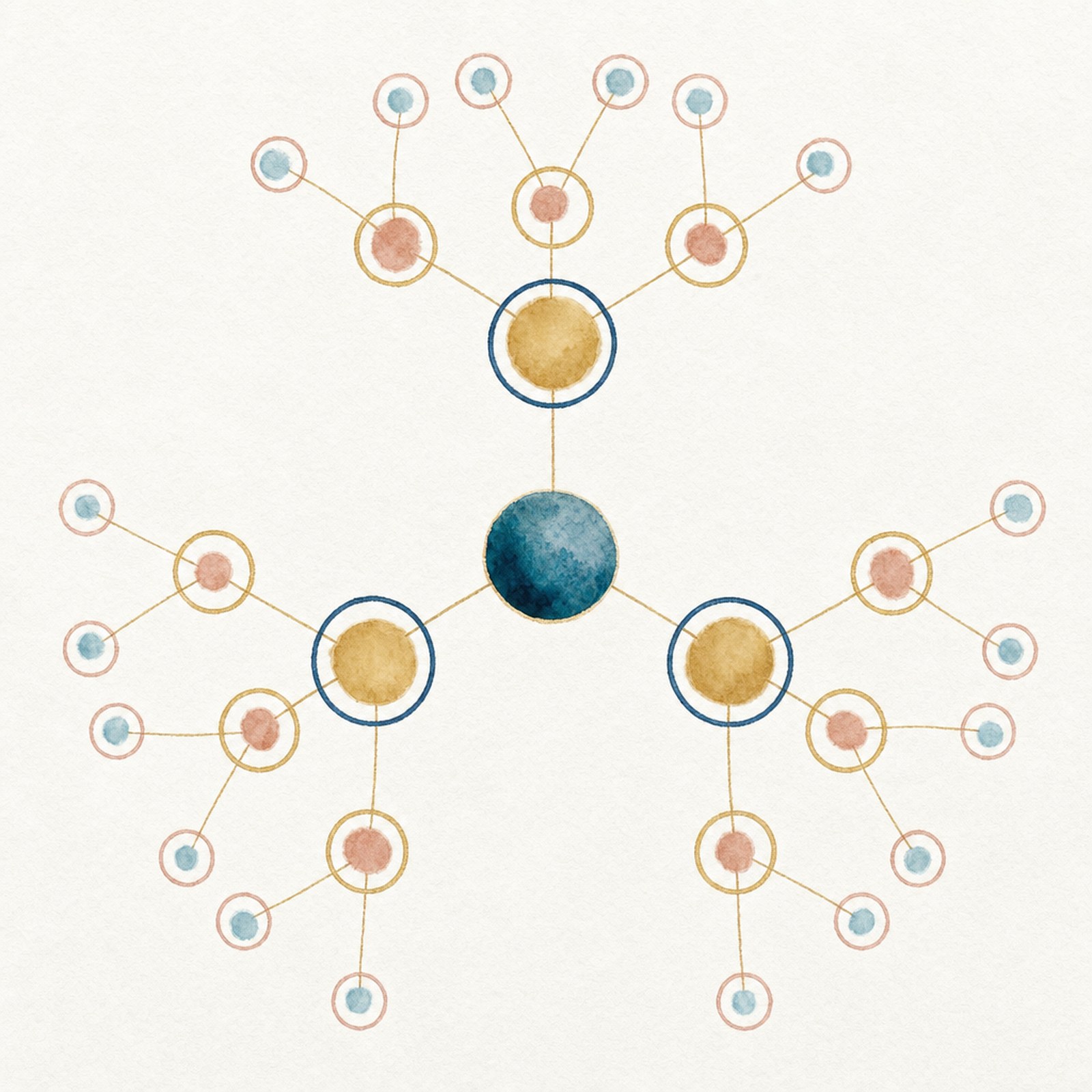 The focus map, the shape: you in the middle in dark blue, three gold builders around you with a dark-blue ring, under each of them three rose circles with a gold ring, and under those nine two turquoise circles each, with a rose ring.