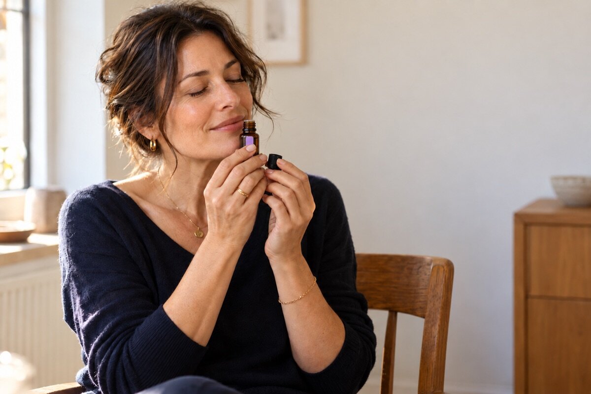 A woman smelling an oil bottle with her eyes closed