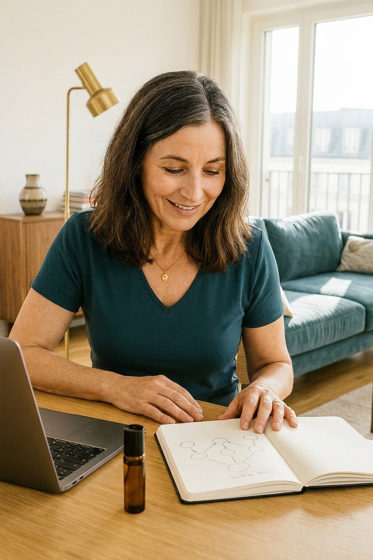 Amanda sits at a wooden table, working with focus, a dropper bottle in her hand.