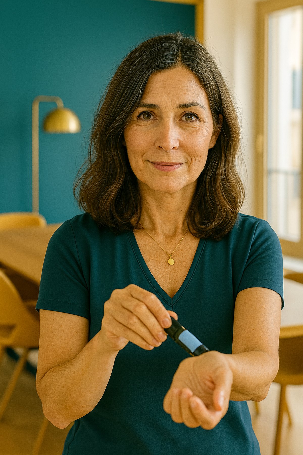Amanda sits at a wooden table, working with focus, a dropper bottle in her hand.