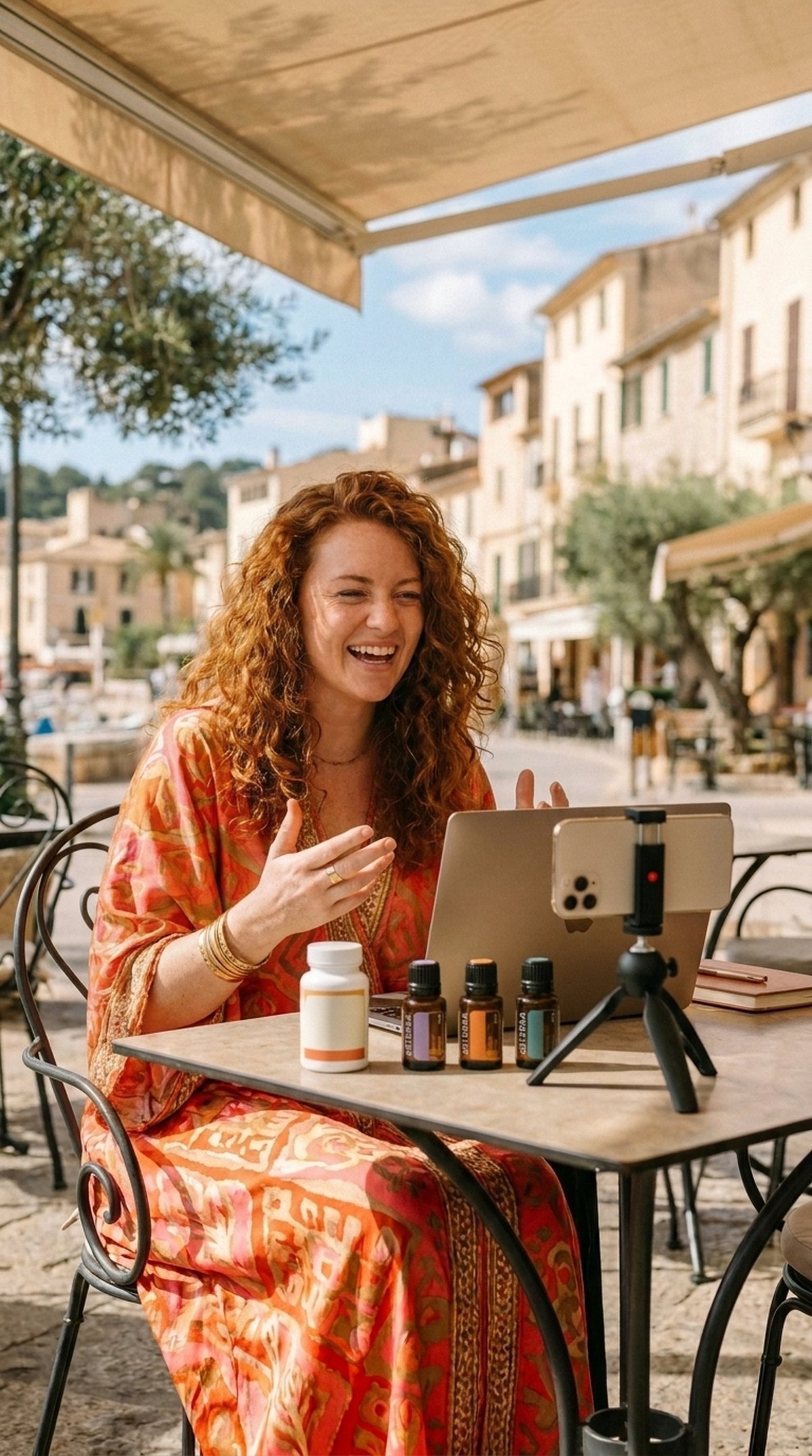 Jenny sits at a sunny terrace table, speaking with a smile into her phone on a small tripod.