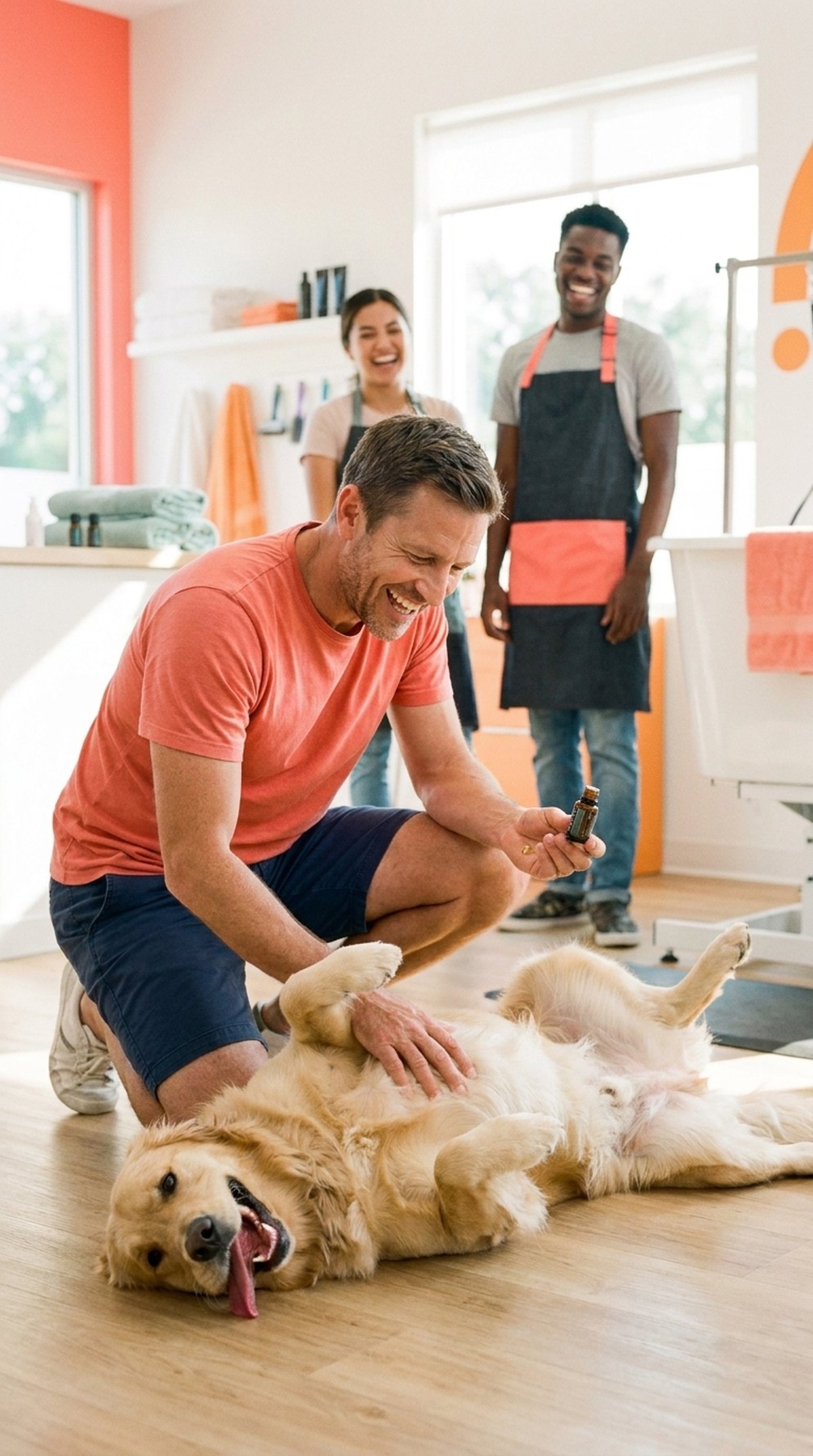 Tom sits on the floor of the grooming salon; his dog Max lies on his back for a belly rub while colleagues look on laughing.