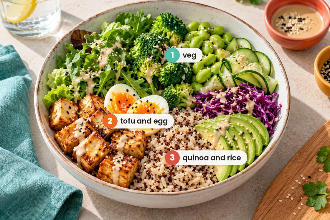 A GOOD. Bowl with numbers: 1 veg, 2 tofu and egg, 3 quinoa and rice