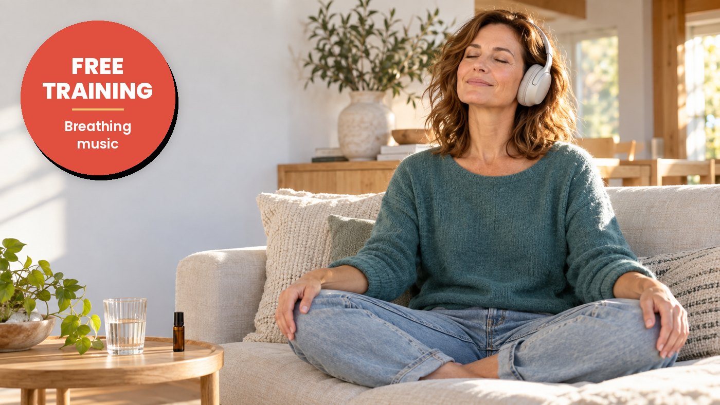 Woman wearing headphones sits cross-legged on the sofa, breathing calmly with her eyes closed